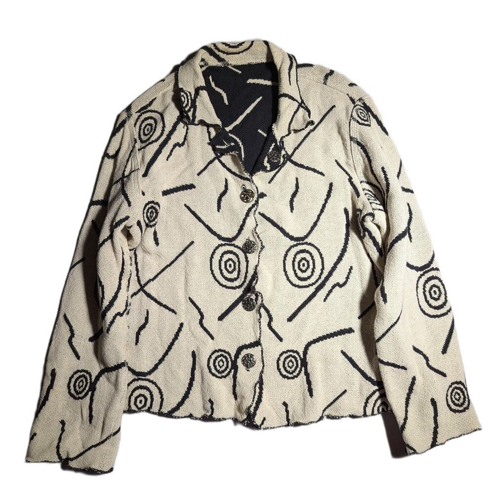 Vtg Y2K Winding River Ivory Black Swirl Geometric Collared Blanket Jacket Sz S